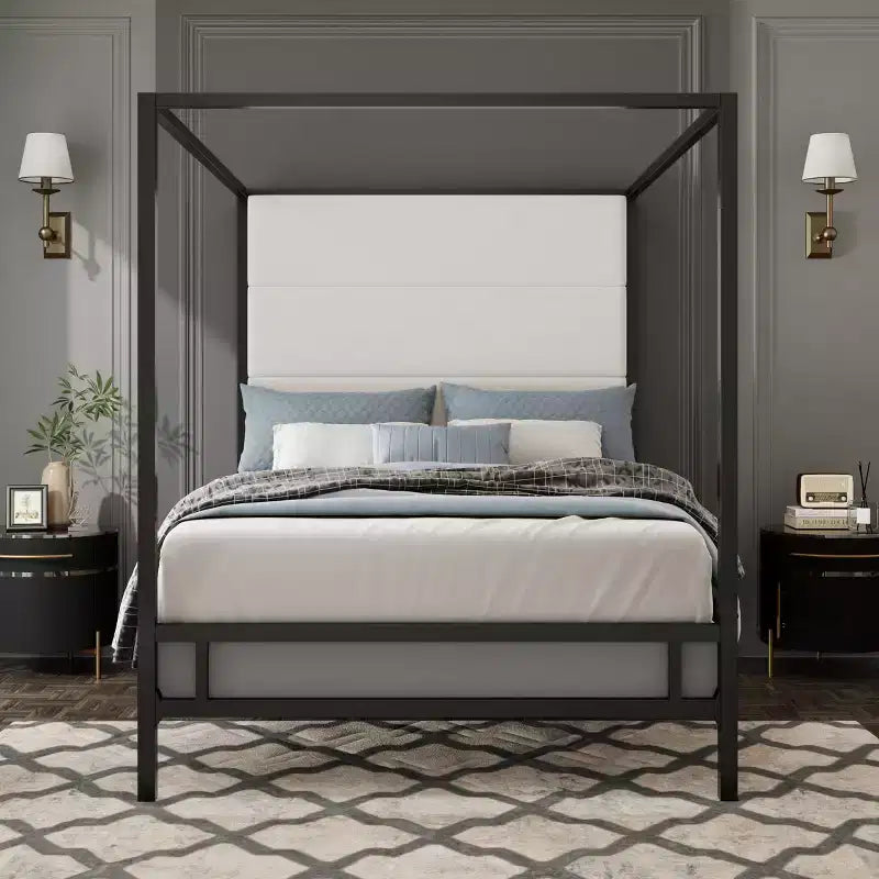 Letto a baldacchino moderno king nero/bianco e oro/marrone chiaro, testiera in lino, per 2