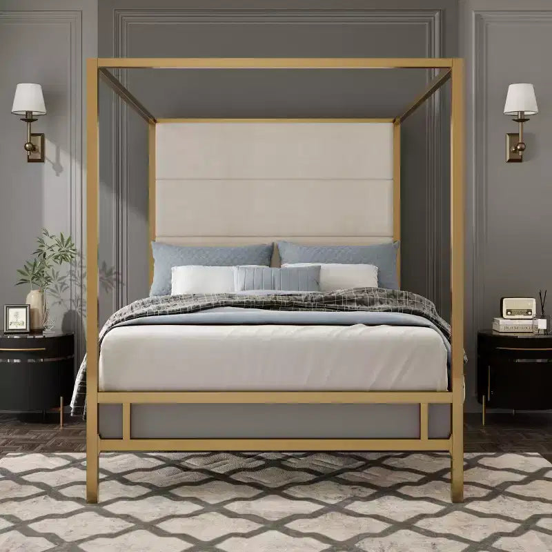 Letto a baldacchino moderno king nero/bianco e oro/marrone chiaro, testiera in lino, per 2