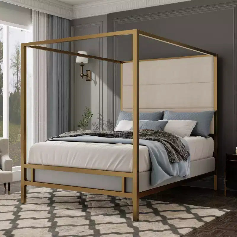 Letto a baldacchino moderno king nero/bianco e oro/marrone chiaro, testiera in lino, per 2