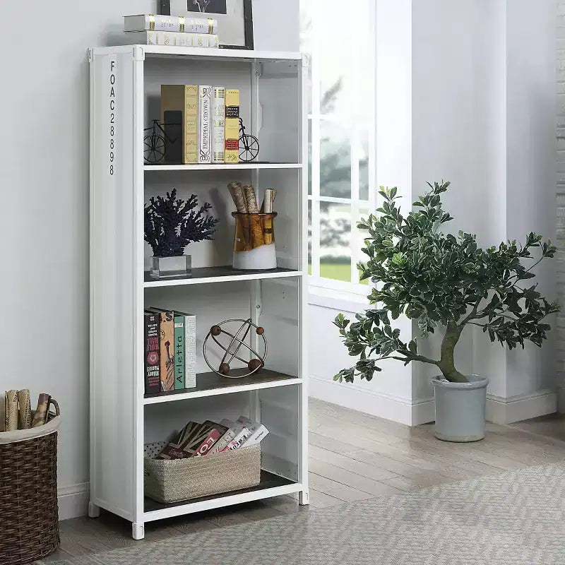 Libreria a giorno a 5 ripiani – Nero Sabbia / Rosso / Bianco Sabbia, Argento Lucido, Per Adulti