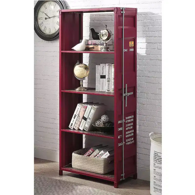 Libreria a giorno a 5 ripiani – Nero Sabbia / Rosso / Bianco Sabbia, Argento Lucido, Per Adulti
