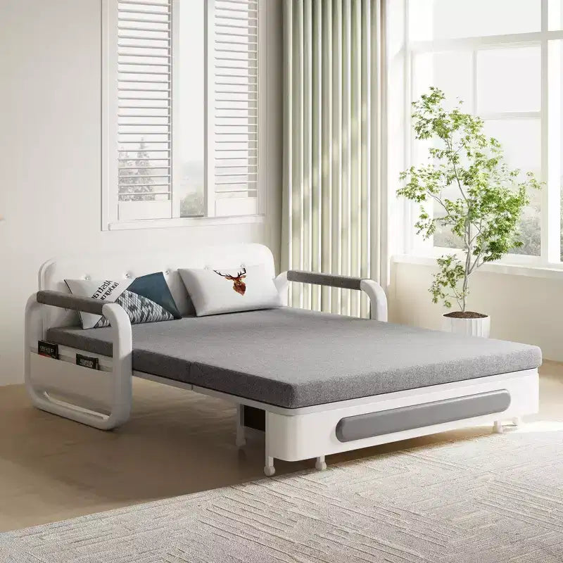 Divano letto pieghevole 1 posto in lino bianco e grigio